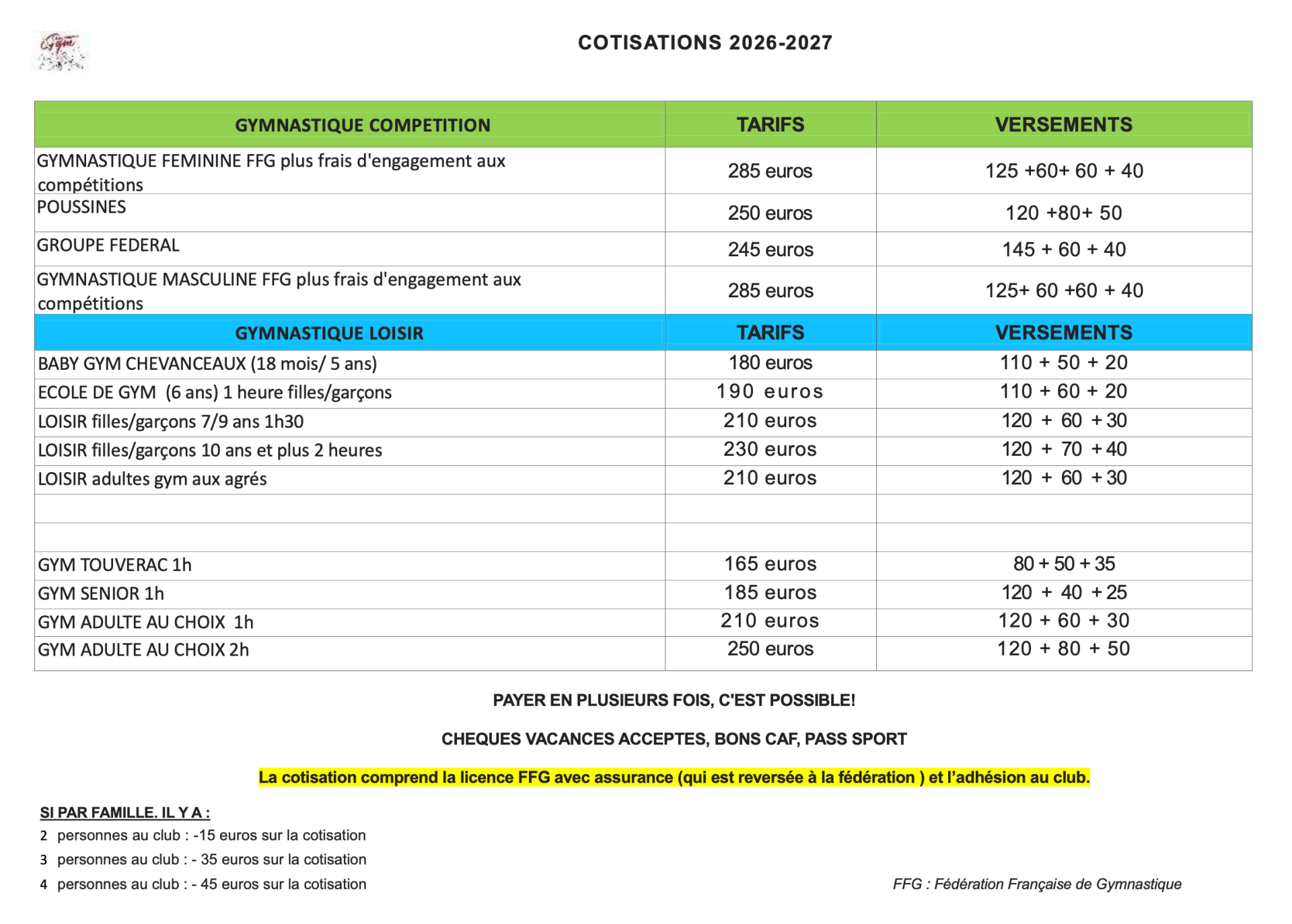 Tarifs 2026-2027